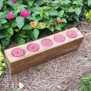 💗 Vtg 5-Hole Wooden Sugar Mold Holder w Tins & Candles